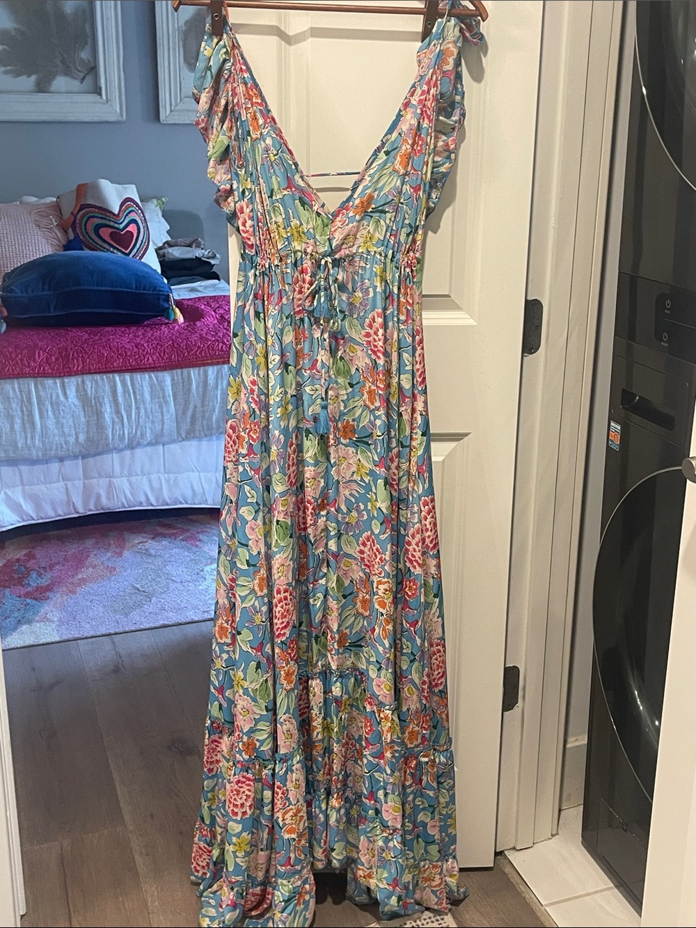 Floral Blue Maxi Dress with Ruffle Straps